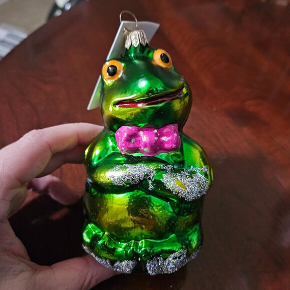 RARE ADORABLE CHRISTOPHER RADKO DRESSED UP FROG BOW TIE CHRISTMAS GLASS ORNAMENT - Picture 1 of 10
